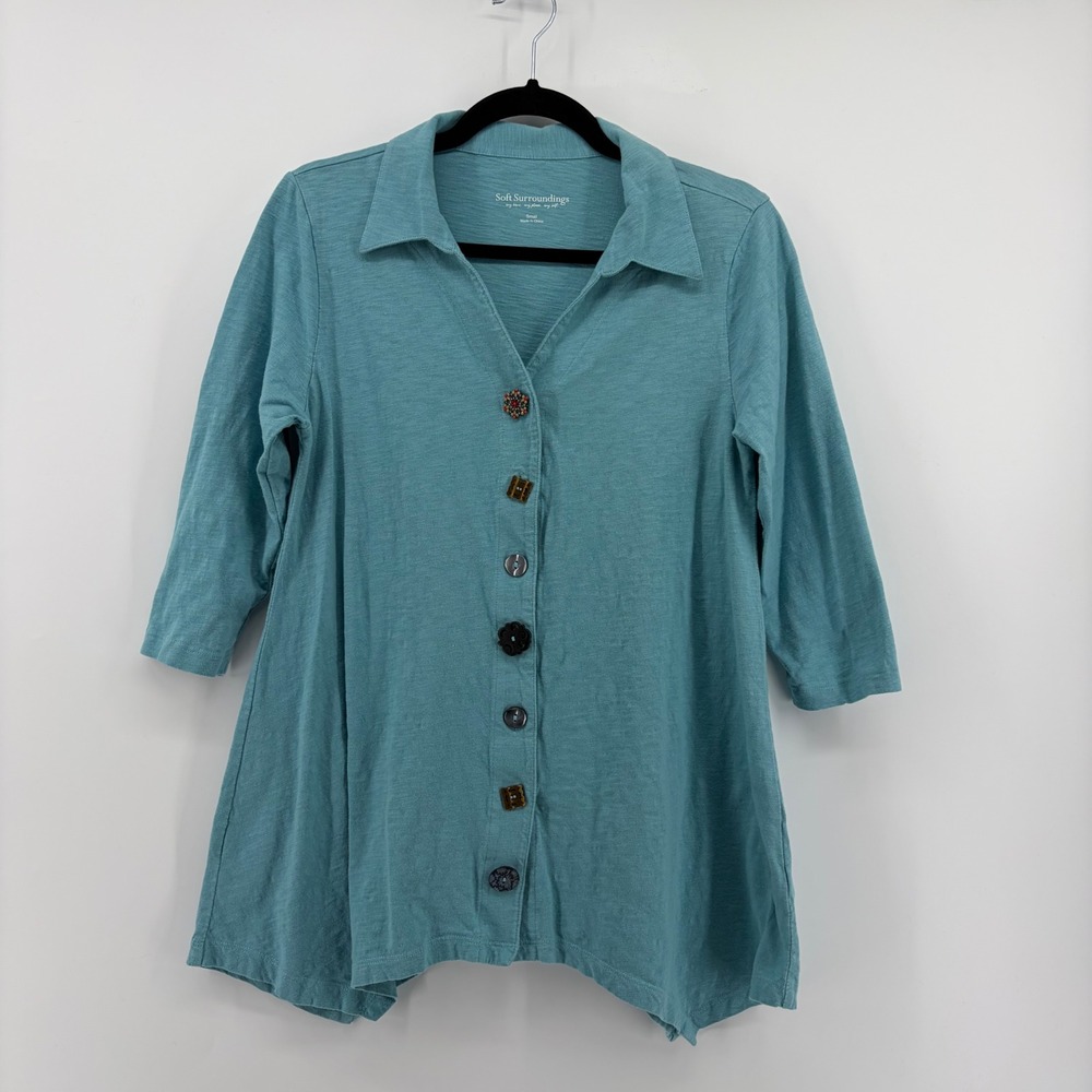 Soft Surroundings Teal Blue Cotton Button Front Tunic Top 3/4 Sleeve Small